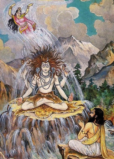 symbolically represented by depicting Ganga as a jet of water sprinkling out of the head of the Lord and falling on the ground, The sun is said to be his right eye, the moon the left eye while fire is his third eye