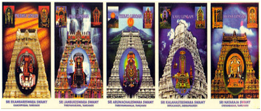 Shiva is worshipped as the embodiment of the primary elements of wind, water, fire, earth and space. the shrines dedicated to Nature's five elements known as the Panchabootas