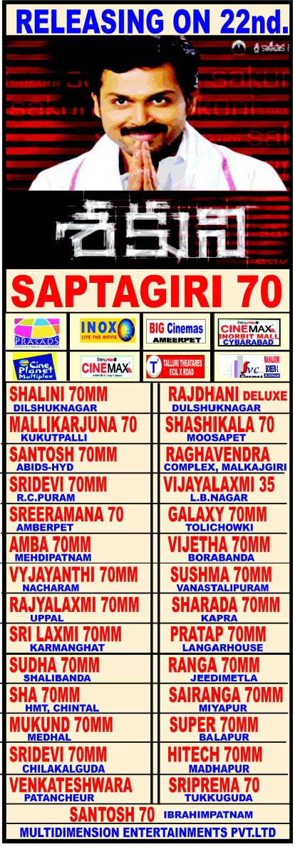 sakuni Theater list, sakuni Hyderabad theaters, sakuni Hyderabad theater list, sakuni Nizam theaters, karthi sakuni