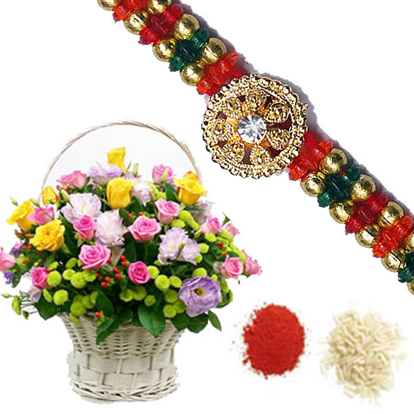 Mix Roses Basket With Rakhi 