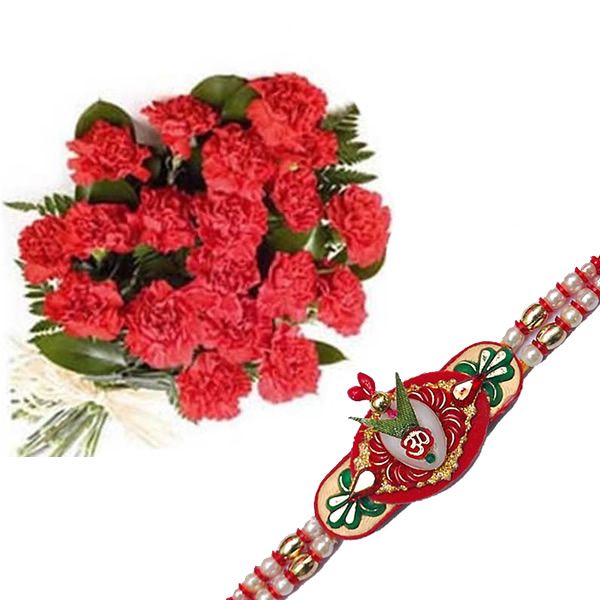 Red Carnation With Fancy Rakhi 
