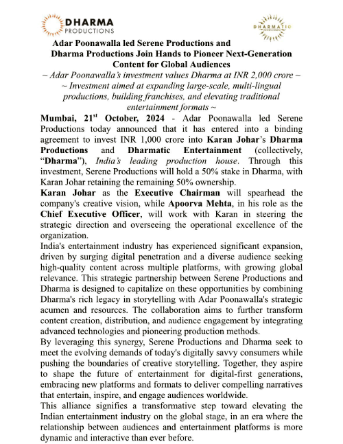 Not Reliance but Adar Poonawalla buys stake in Dharma Productions