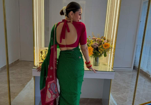 Hansika Motwani shines in green sari during her Griha Pravesh