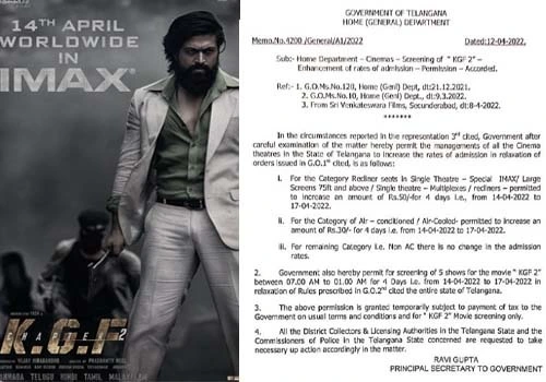 KGF 2 Ticket price hike in Telangana