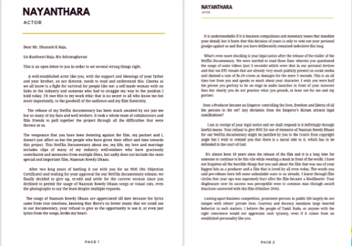 Nayanthara blasts Dhanush in this controversial letter