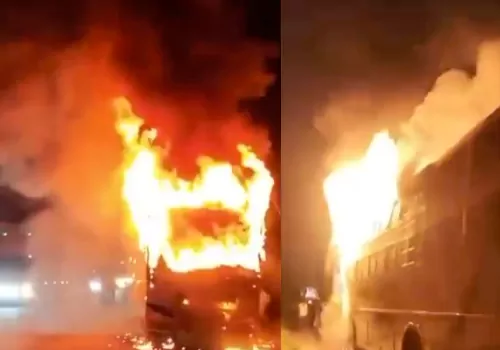 private travel bus catches fire