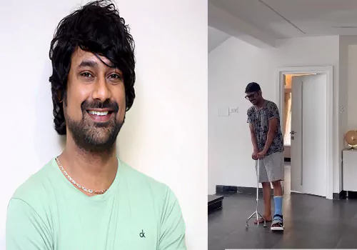 కాలికి బెల్టుతో..చేతిలో స్టిక్ తో వరుణ్ సందేశ్...