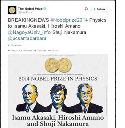 physics Nobel prize goes japan scientists who perfected LED light invention Physics