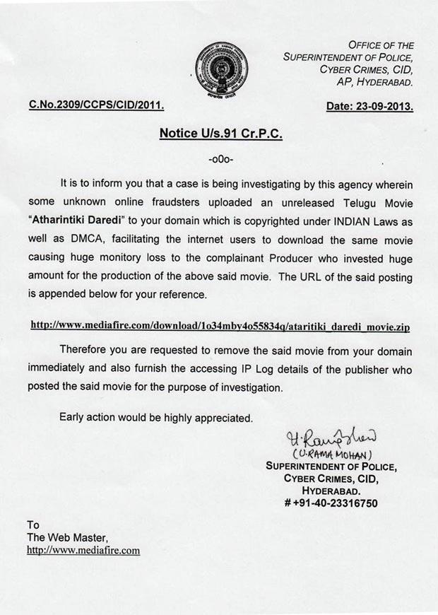 Cyber Crime Issued Notice To Mediafire, cyber crime department released AD Piracy Legal Notice , Pawan kalyan Attarintiki daredi piracy legal notice, notice issued to media fire by cyber crime department.
