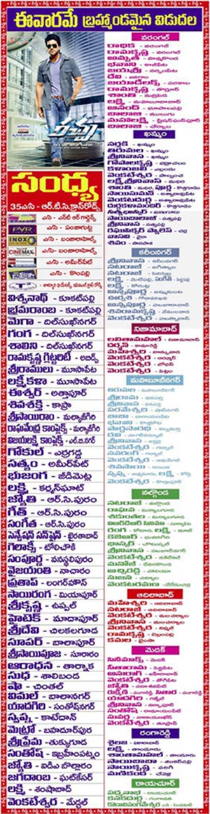 Racha Theater list, Racha movie theater list, Racha Hyderabad theaters, Racha Hyderabad theater list, Racha Nizam theaters, ram charan Racha  Hyderabad theater list