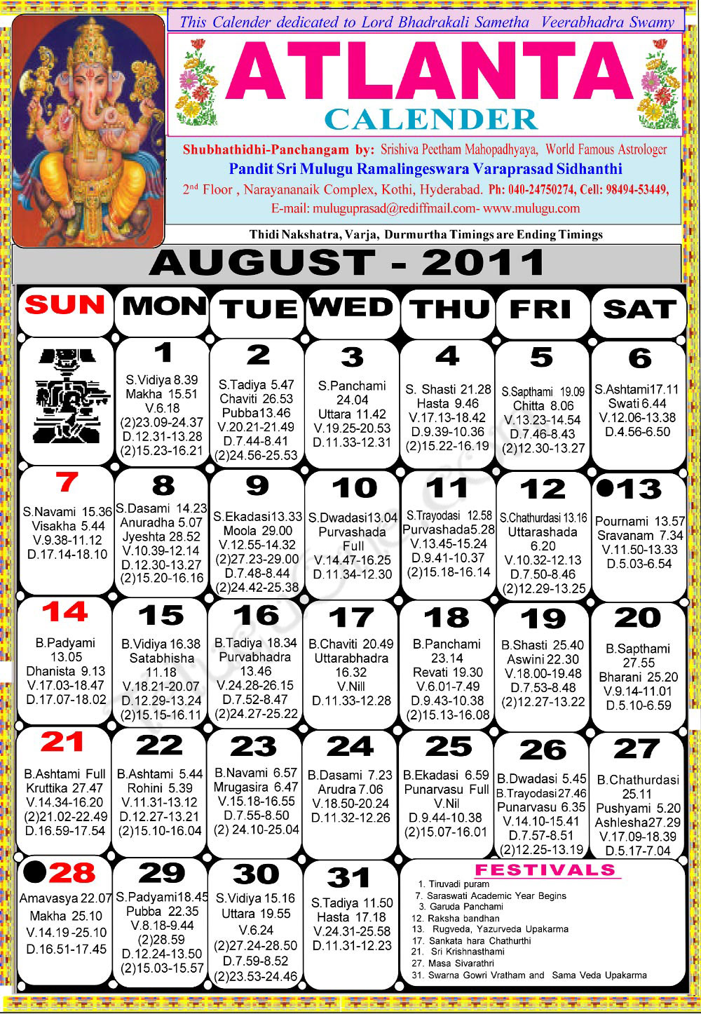 Atlanta Telugu 2011 Calendar- Astrology Online - horoscope
